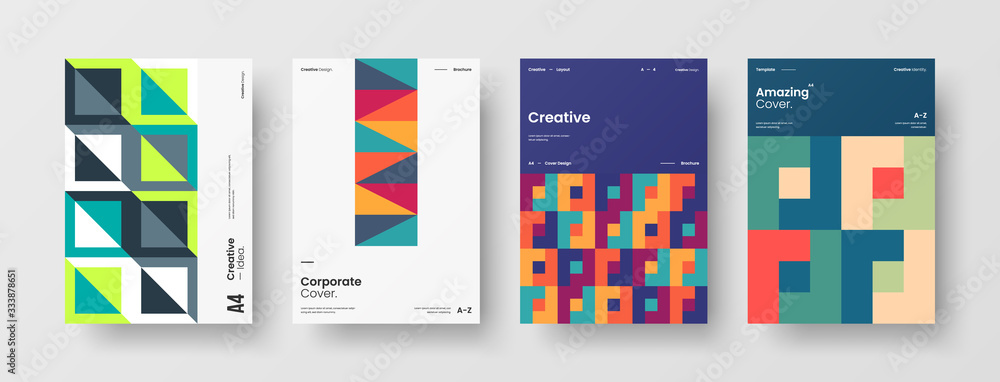 Business presentation vector A4 vertical orientation front page mock up set. Corporate report cover abstract geometric illustration design layout bundle. Company identity brochure template collection.