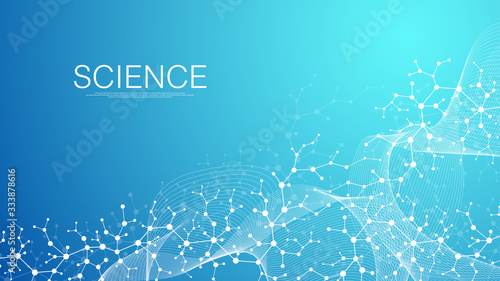 Abstract medical background DNA research, molecule, genetics, genome, DNA chain. Genetic analysis art concept with hexagons, waves, lines, dots. Biotechnology network concept molecule, vector