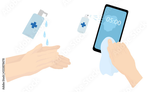 Using sanitizer for hands and phone. Coronavirus disease prevention measures. Vector flat illustration isolated on a white background.