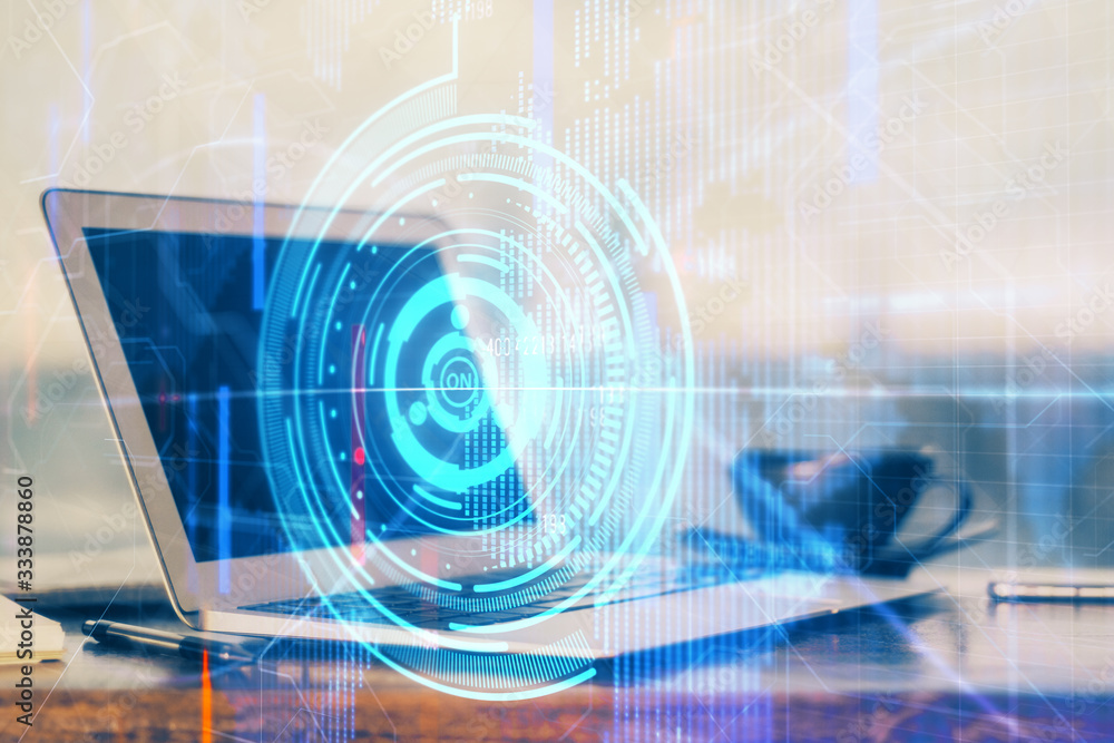 Double exposure of desktop computer and technology theme hologram. Concept of software development. Double exposure of desktop computer and technology theme hologram. Concept of software development.
