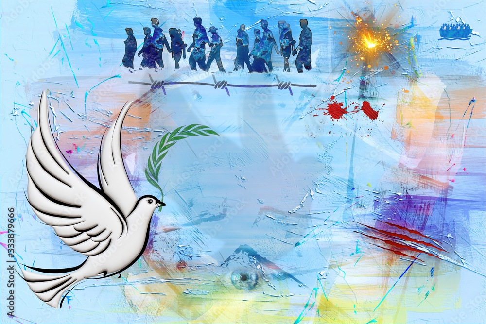 An illustration of a peace dove over the land of war and refugees, 3d illustration.