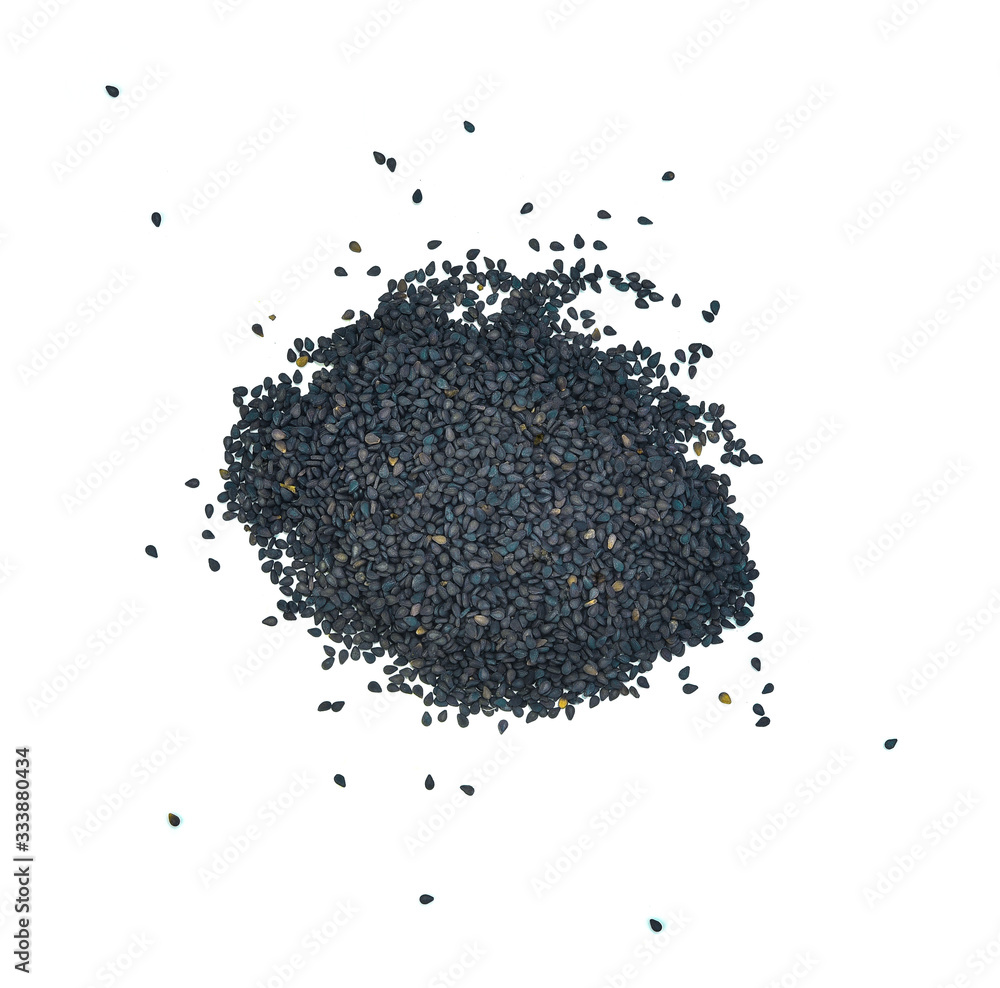 Black organic sesame seeds isolated on white background, top view Black organic sesame seeds isolated on white background, top view