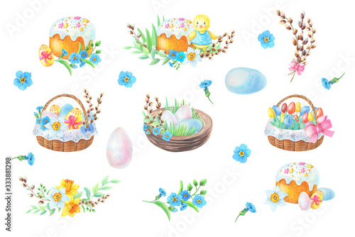 Watercolor composition with Easter cake,nest, yellow chicken,bouquet of daffodils, willow,branches and flowers.Spring flower arrangement.