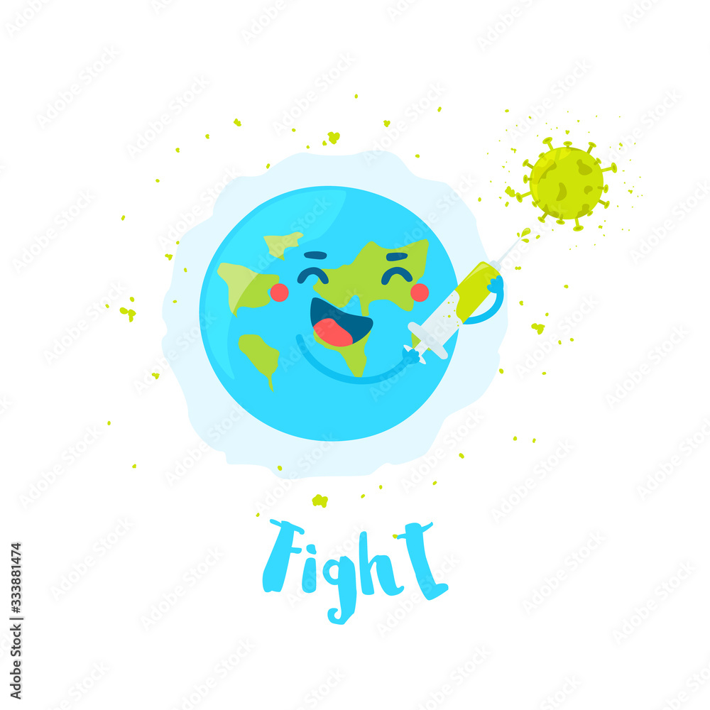 Сartoon Earth with a syringe fights a coronavirus molecule. Flat style. Vector banner.