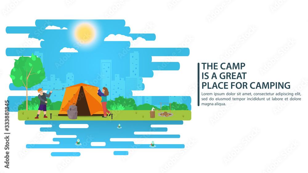 Sunny day landscape illustration in flat style people put up a tent Background for summer camp nature tourism camping or Hiking concept design