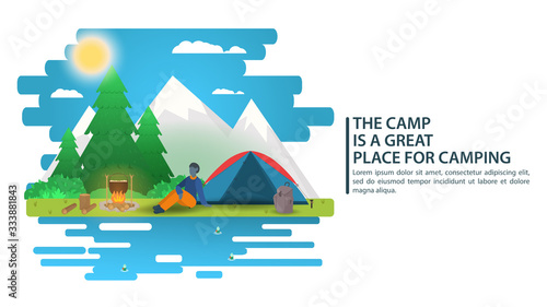 Sunny day landscape illustration in flat style cartoon a man sitting next to a tent campfire mountains forest Background for summer camp nature tourism camping or Hiking concept design