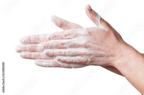 Handwashing concept: woman wash her hands using the palm to palm technique. Isolated on white background.