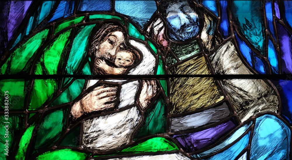 God, the Creator of all life, detail of stained glass window by Sieger Koder in church of Saint John in Piflas, Germany