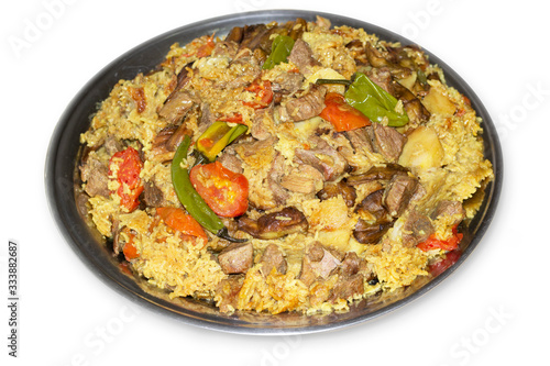 Maqluba or Maqlooba is a traditional Syrian, Iraqi, Palestinian, and Jordanian dish served throughout the Levant. It consists of meat, rice, and eggplant placed in a pot which is flipped upside down.