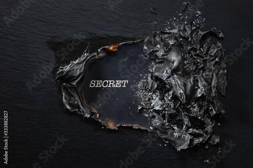 Burning piece of black paper with the word 