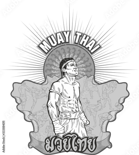 Gray Illustrated Muay Thai print with a portrait of a fighter in vector style.