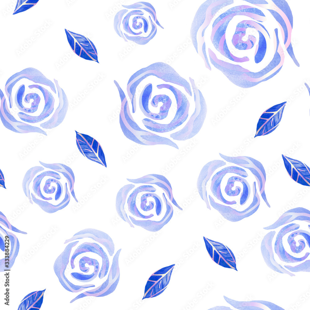 blue roses watercolor and doodle seamles pattern. floral pattern for textile, fabric, wrapping, wallpaper, wedding design