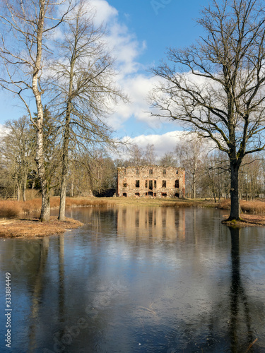 wonderful landscape with old manor ruins, early spring, beautiful blue sky with white clouds, small pond with beautiful reflections of water