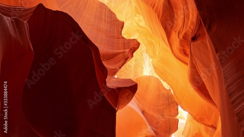 Wide angle view sandstone formations in Antelope Canyon on sunny day. Camera moving inside Antelope Canyon in Arizona, USA. UHD, 4K