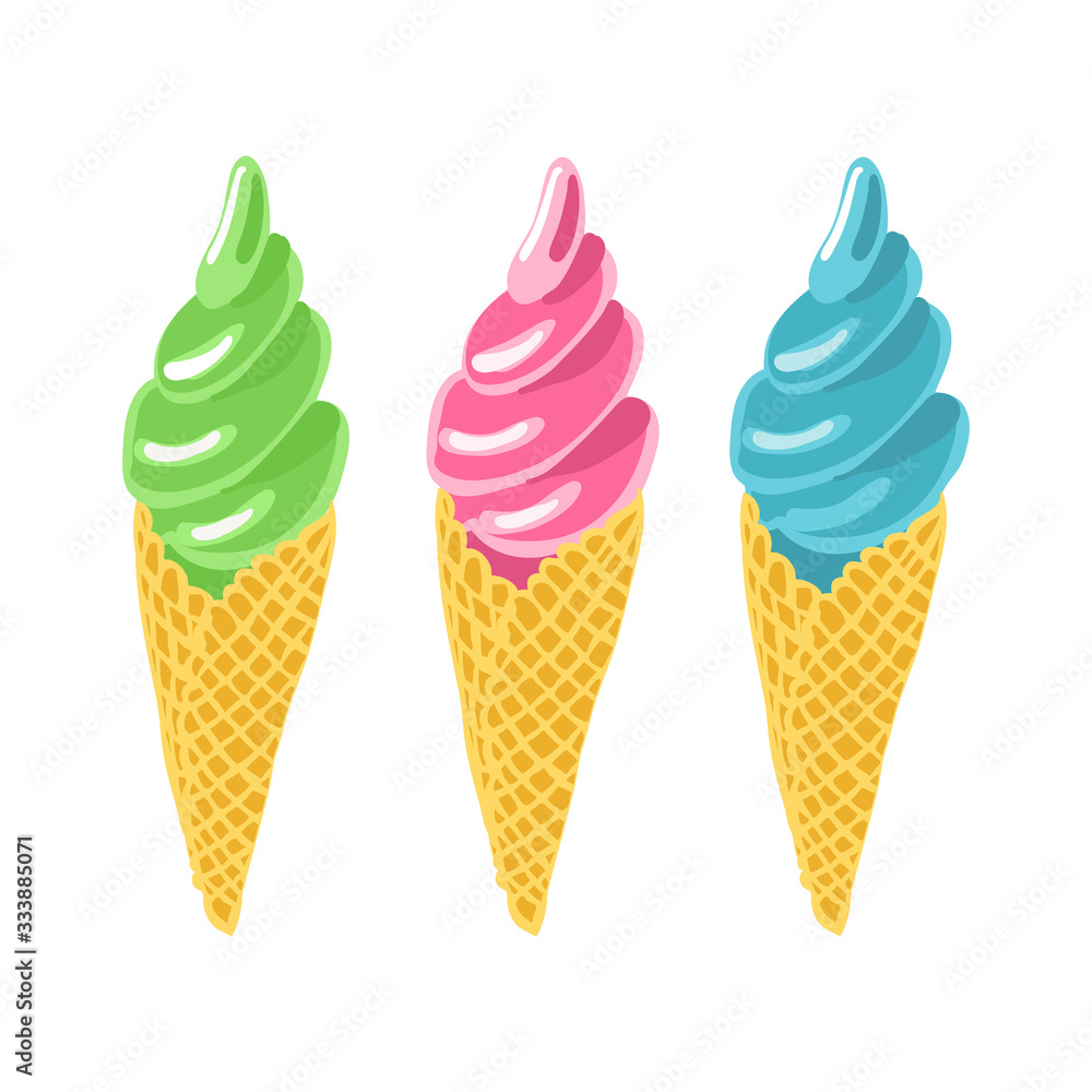 Set of soft ice cream in waffle cones. Green, pink, blue colors. Hand drawn vector illustration isolated on white background. Set of soft ice cream in waffle cones. Green, pink, blue colors. Hand drawn vector illustration isolated on white background.