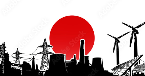 Japan energy production vector with sun power, wind generators, atomic and coal power plants and electric lines on poles