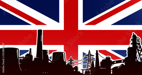 Heavy industry of United Kingdom (UK) vector illustration colored red with electric power plant, factory and mining facility on the flag background with colors blue, red, white
