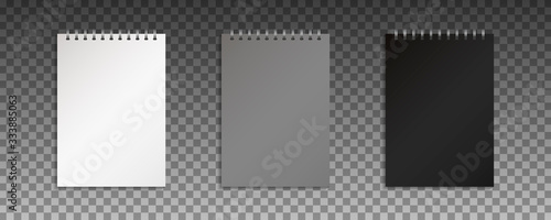Vector realistic closed notebook. Mock up of blank copybook with metallic silver spiral.