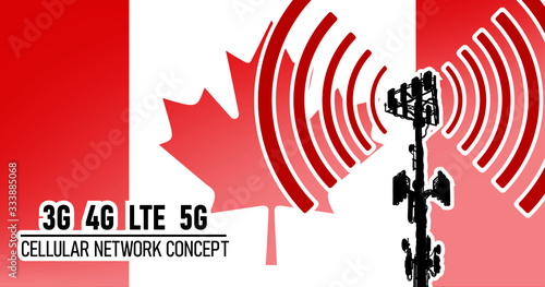 Cellular mobile network tower connection concept for Canada, vector illustration of 3g 4g LTE 5g harmful waves from the tower, danger of 5G networks idea with colors red, white