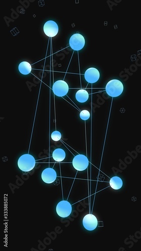 Abstract molecular structure consisting of lines and spheres  composition of balls glowing with blue light.