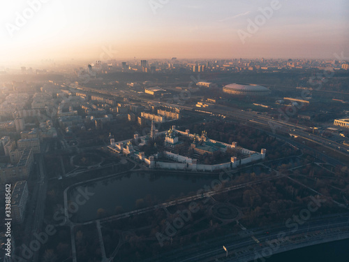Novodevichy Convent aerial view at dawn.