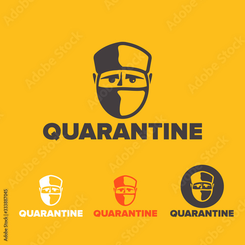 Coronavirus quarantine stickers icon set with man and medical face mask isolated on orange background. Novel coronavirus 2019-nCoV. Vector Concept of coronavirus quarantine