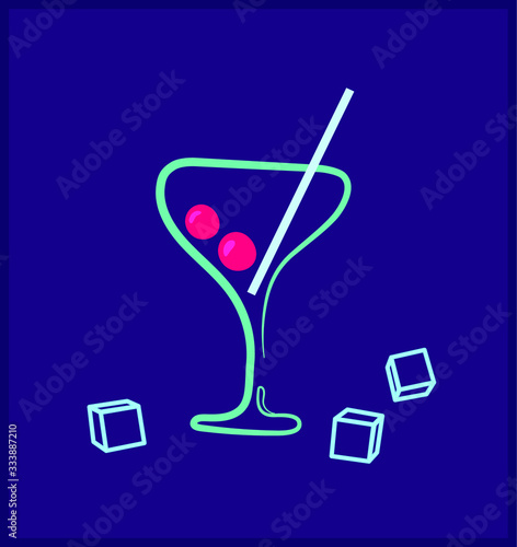 Neon drink Vector. Neon cocktail sign, modern trend design, night bright advertising, light banner, line art. Vector. Night bar illustration. Long drink with cherry and cocktail tube for banner