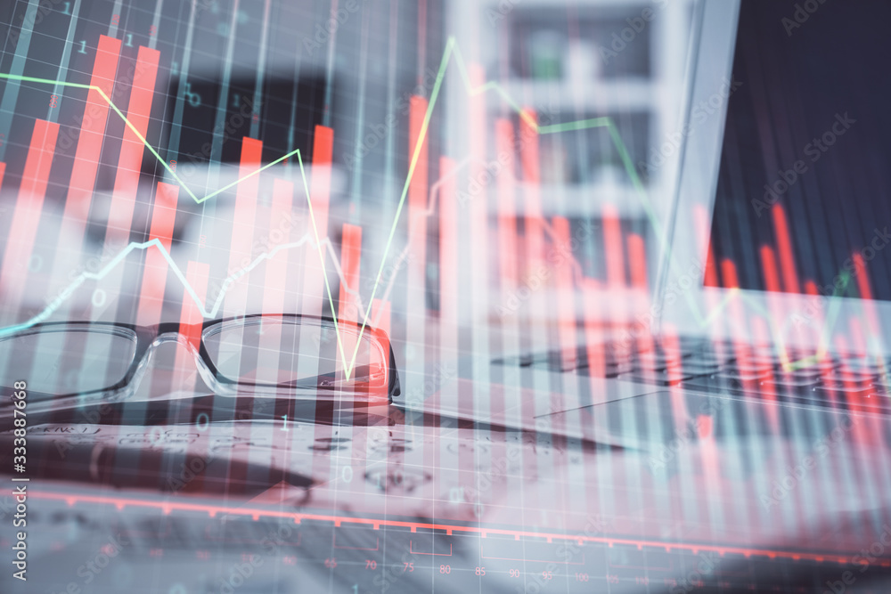 Financial chart hologram with glasses on the table background. Concept of business. Double exposure. Financial chart hologram with glasses on the table background. Concept of business. Double exposure.