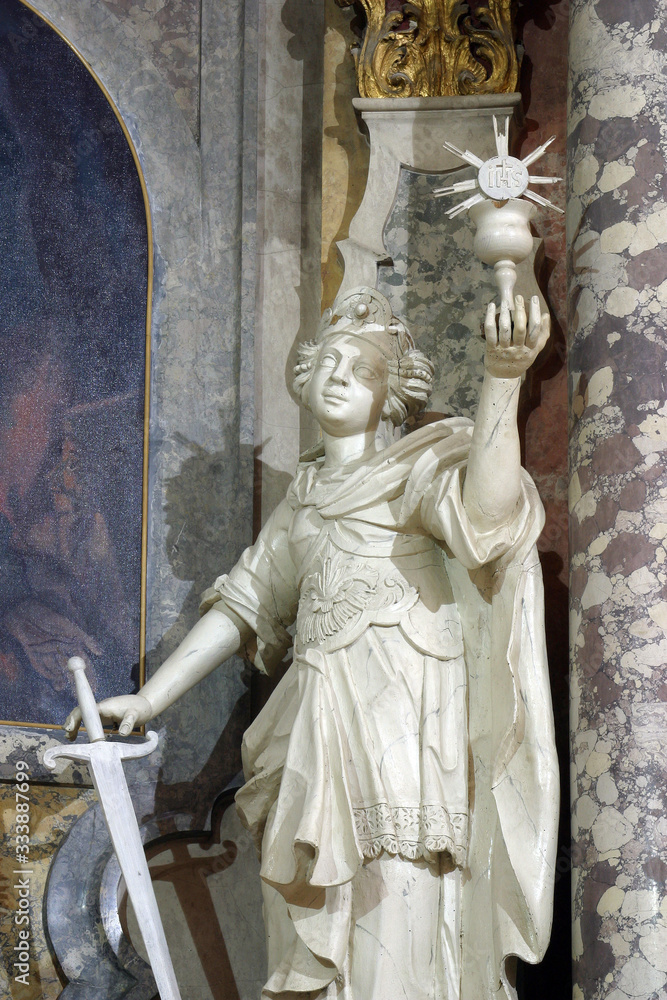 Saint Barbara statue on the main altar in the Franciscan church of St. Francis Xavier in Zagreb, Croatia Saint Barbara statue on the main altar in the Franciscan church of St. Francis Xavier in Zagreb, Croatia