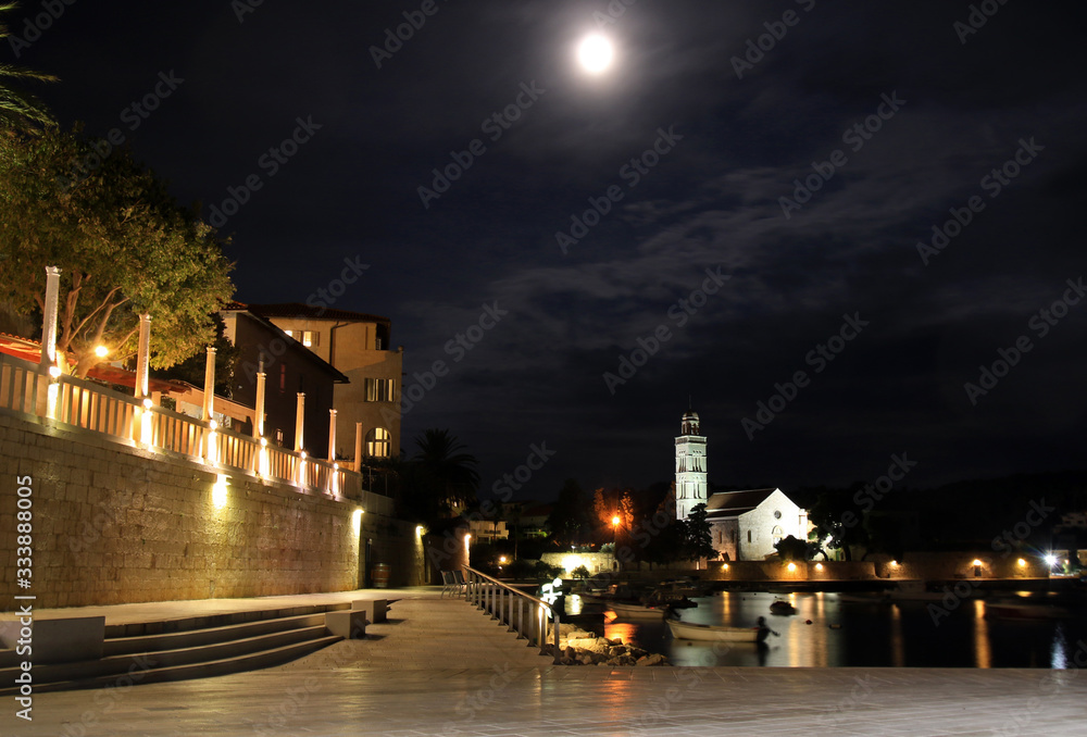 Franciscan Monastery of Our Lady of Grace in Hvar city by night, Hvar island, Croatia