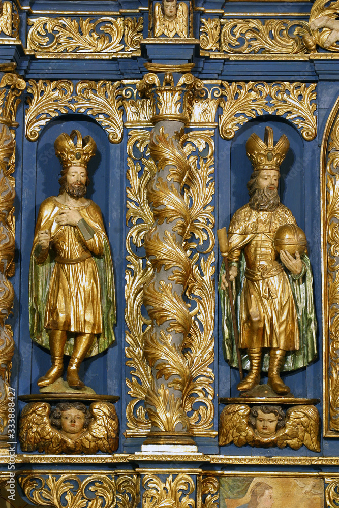 Saints Ladislaus and Stephen, statue on the high altar in the Parish church of St. Barbara in Vrapce, Zagreb, Croatia