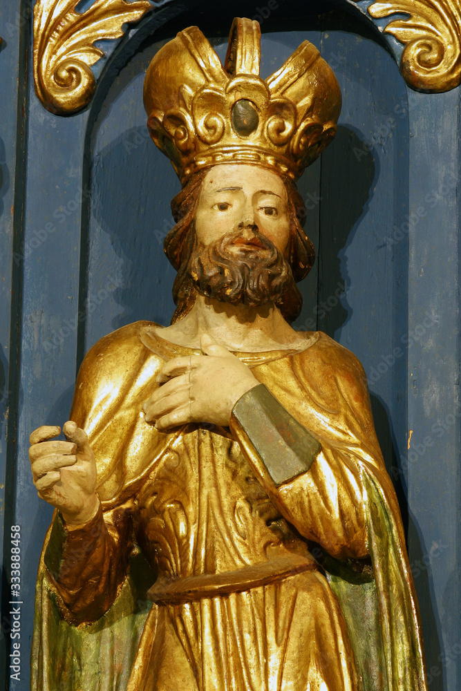 Fototapeta premium Saint Ladislaus of Hungary, statue on the high altar in the Parish church of St. Barbara in Vrapce, Zagreb, Croatia