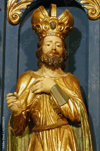 Saint Ladislaus of Hungary, statue on the high altar in the Parish church of St. Barbara in Vrapce, Zagreb, Croatia