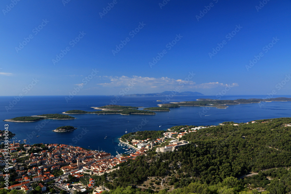 Paklinski Islands and Hvar city, view from Napoleon fortress in Hvar island, Croatia