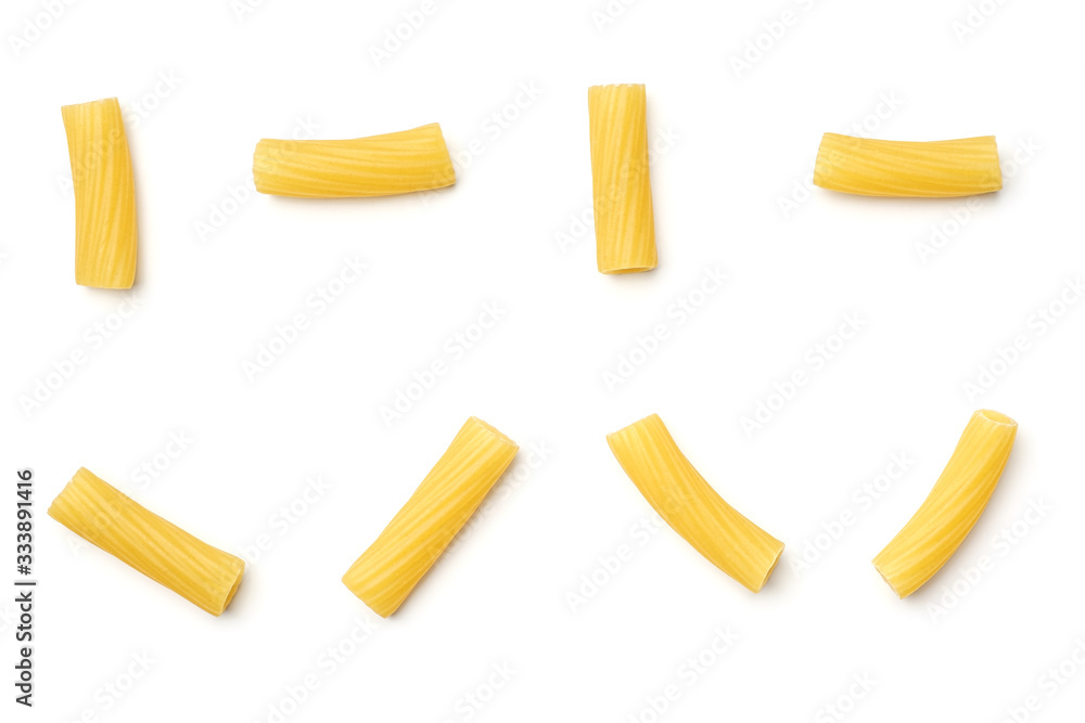 Tortiglioni pasta isolated on white. Top view Tortiglioni pasta isolated on white. Top view
