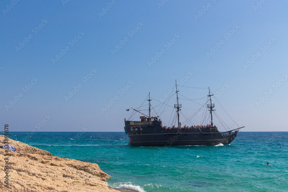 Ayia Napa, Cyprus - September 11, 2019: Tourist ship Ayia Napa, Cyprus - September 11, 2019: Tourist ship