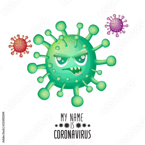 vector covid-19 virus novel coronavirus 2019-nCoV cartoon character isolated on white background. My name is coronavirus concept iilustration. Green virus cell microbe icon.