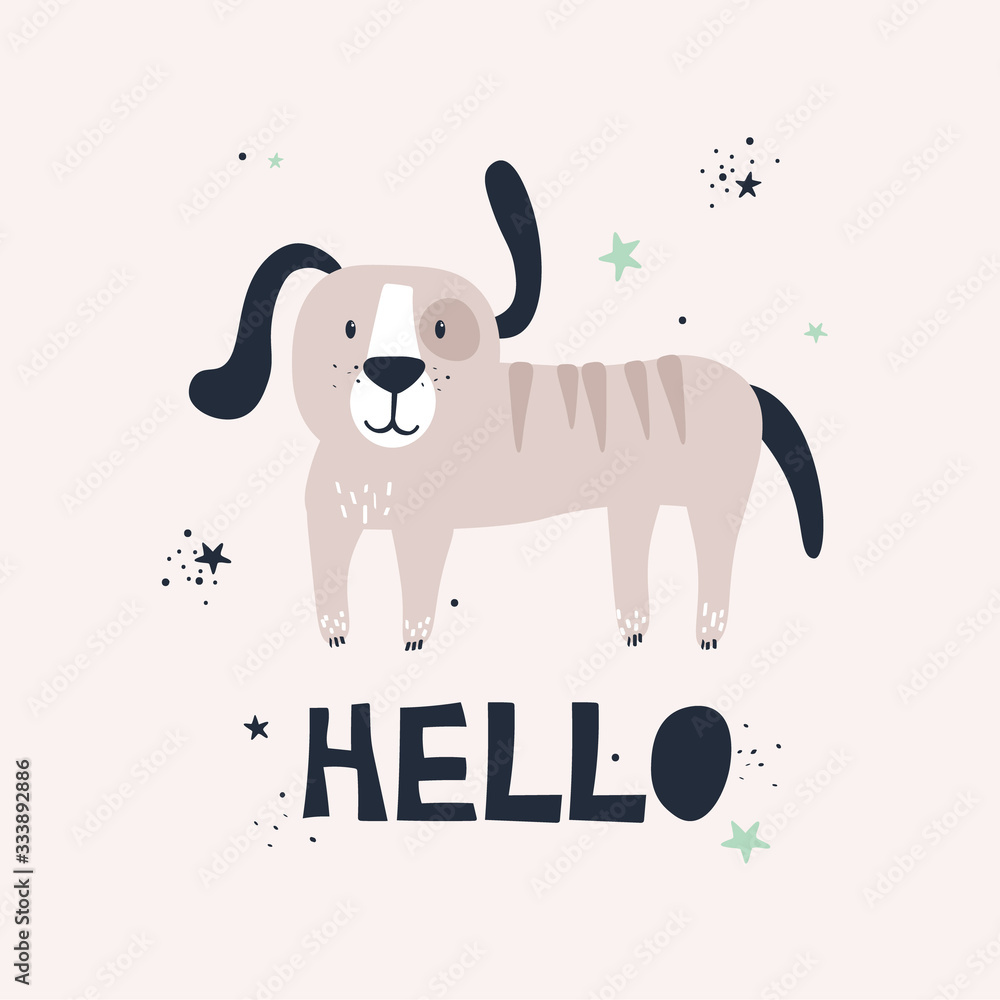 Fototapeta premium Hand drawn illustration, dog and english text. Colorful background vector. Poster design with animal, Hello. Decorative backdrop, good for printing