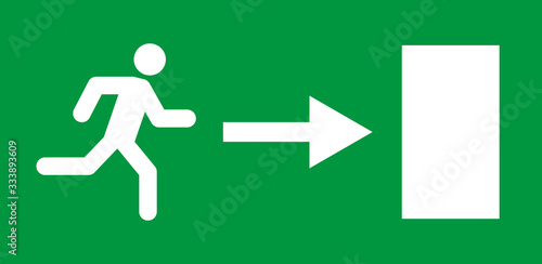 Running man and exit door sign. Vector icon, safety symbol. Escape help evacuation photo