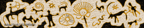 Panel on the ethnic theme. A series of petroglyphs, rock paintings of Central Asia, vector design.	