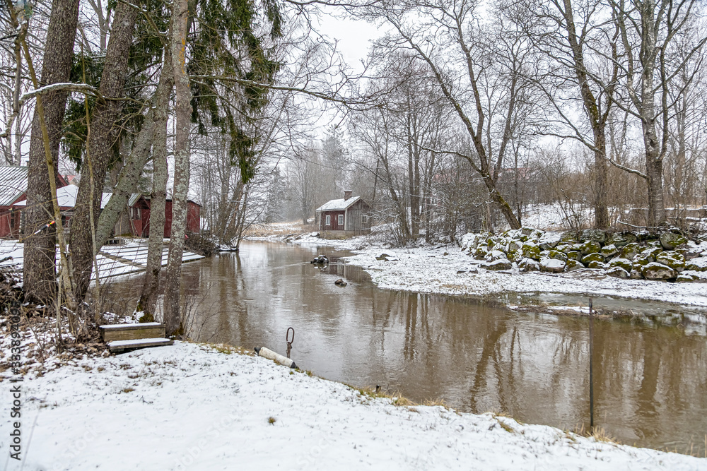 Winter snow forest river landscape. Forest river in winter. Winter forest river flow. Winter snow forest river flowing Winter snow forest river landscape. Forest river in winter. Winter forest river flow. Winter snow forest river flowing