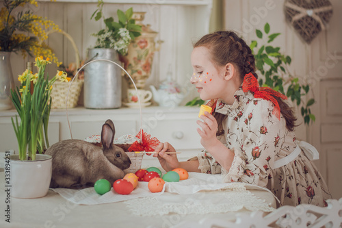 Little girl, Easter Bunny, Easter, painted eggs