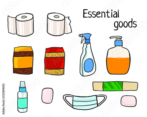 vector illustration of essential goods, purchase of goods in quarantine in an epidemic. important products for survival and fighting the virus epidemic