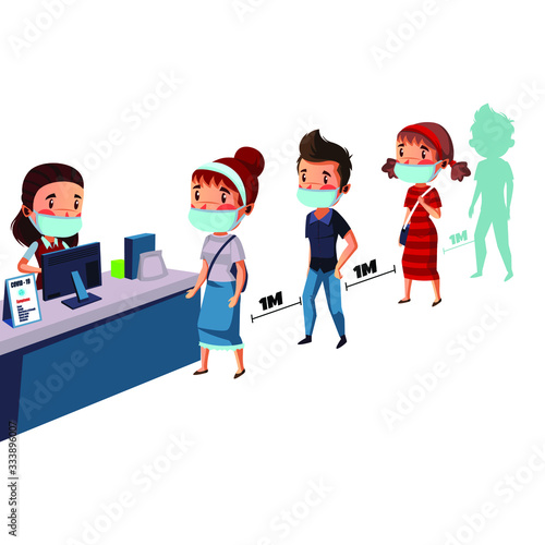 Group of people wear mask have physical distancing while queue buy medicine 
