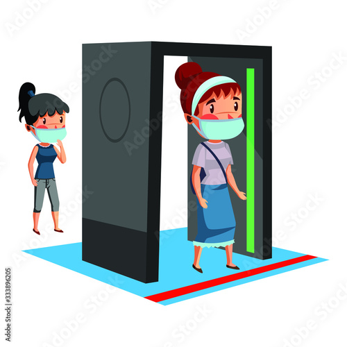 Two woman wear mask getting checked and do physical distancing queue 