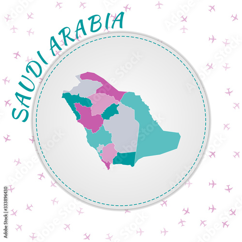 Saudi Arabia map design. Map of the country with regions in emerald-amethyst color palette. Rounded travel to Saudi Arabia poster with country name and airplanes background.