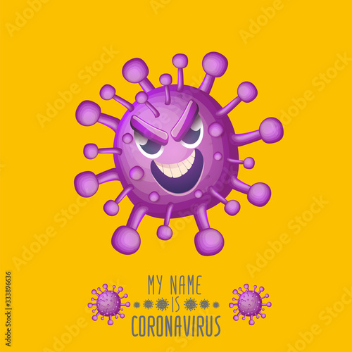 vector covid-19 virus novel coronavirus 2019-nCoV cartoon character isolated on orange background. My name is coronavirus concept iilustration. Violet virus cell microbe icon.