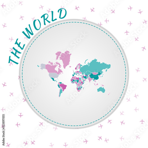 The World map design. Map of the world with regions in emerald-amethyst color palette. Rounded travel to The World poster with world name and airplanes background. Charming vector illustration.