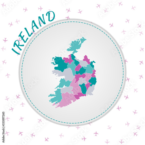 Ireland map design. Map of the country with regions in emerald-amethyst color palette. Rounded travel to Ireland poster with country name and airplanes background. Elegant vector illustration.
