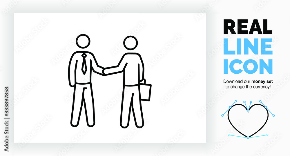 Obraz premium Editable real line icon of two stick figure businessman shaking hands to close a deal in a suit with a suitcase in full body view in modern black lines on a clean white background as a eps vector file
